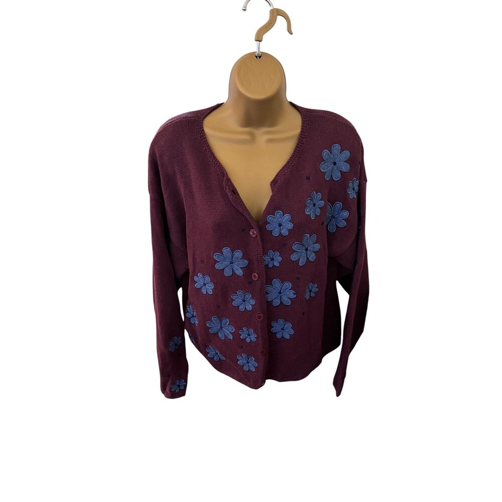 VTG Y2K Christopher & Banks Floral Applique Cardigan Sweater Plum M